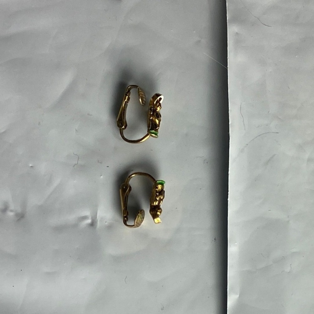 Gold‎ Tone Clip On Hoop Earrings with Green Stone Accents